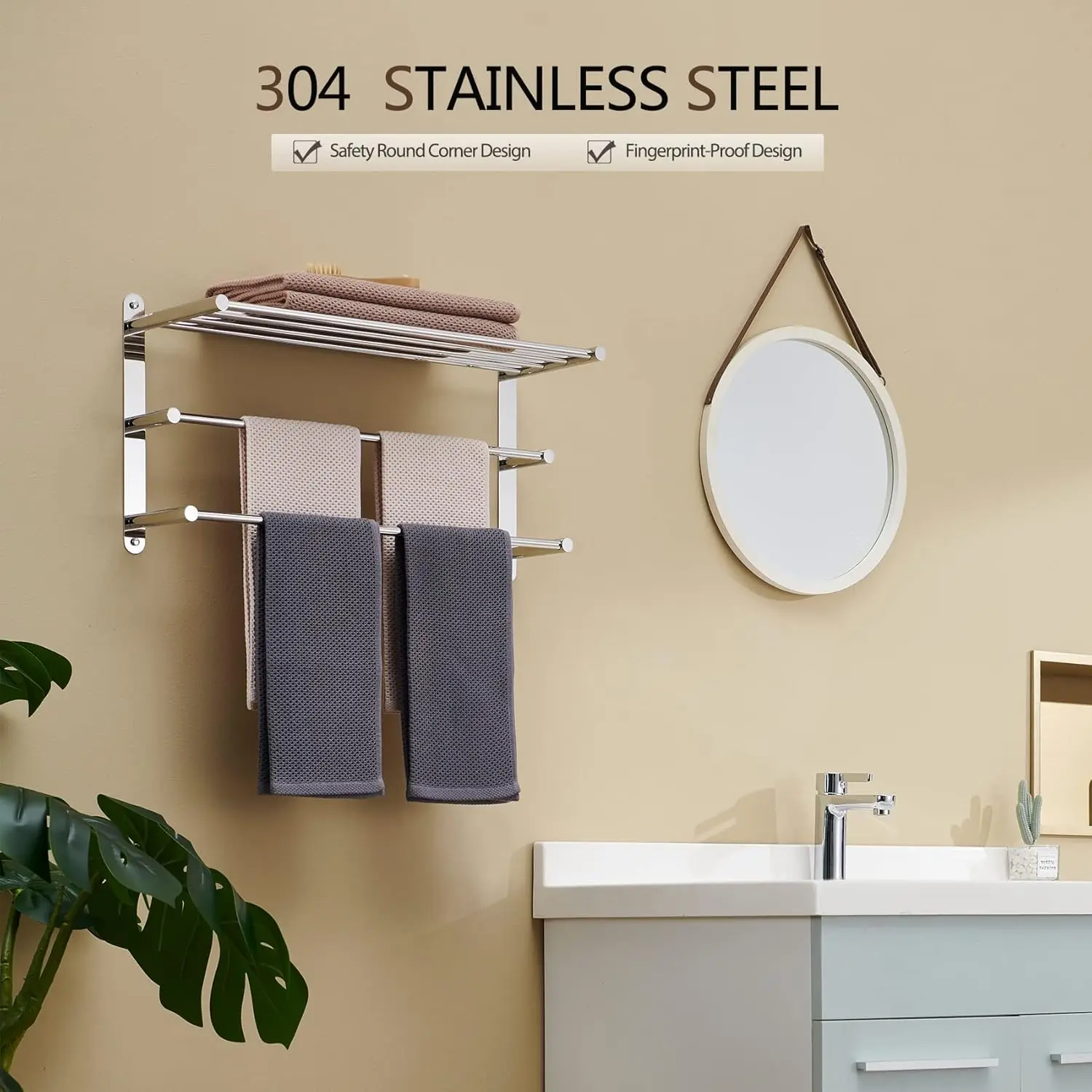 Storage Organizer Shelf Wall Mounted Double Towel bar with Shelf Bathroom Towel Rack Double Rack, Polished Chrome, B5003CH