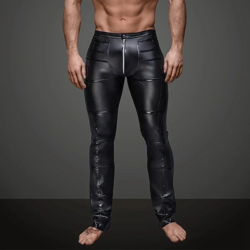 Men Leggings Cosplay Underpants Men Sexy Wetlook Faux Leather Lingerie Exotic Pants PU Latex Catsuit zipper crotch PVC Clubwear gay fetish Pants leggings zentai
