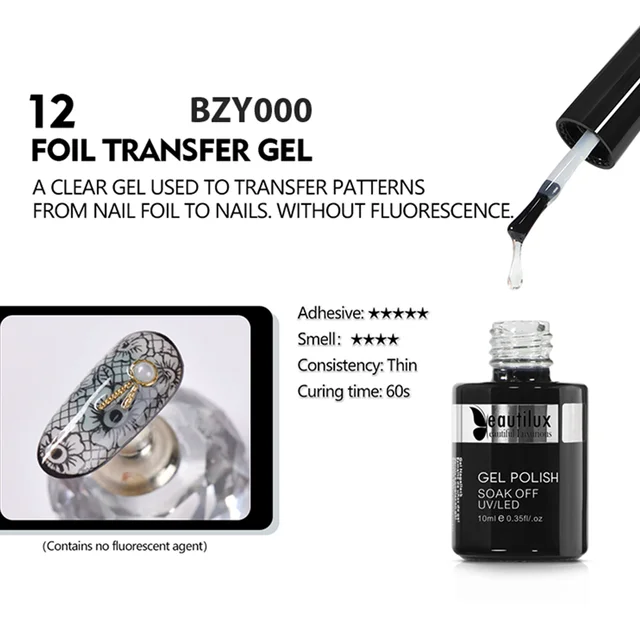 Beautilux Primer Rubber Base Top Coat Velvel Matte Top Coat Nail Art Degisn Clear Blossom Blooming Gel Foil Transfer Gel 10ml Foil Transfer Gel