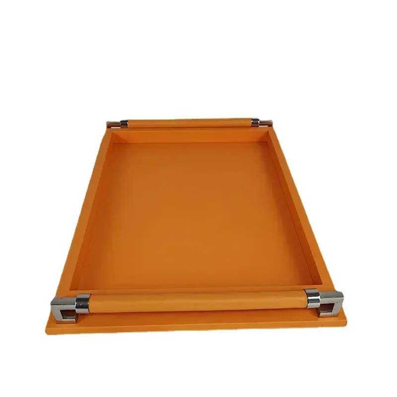 Storage Wooden Tray Leather Plate European Gray Metal Tray Rectangle with Handle Home Hotel Storage Ornaments Serving Plate 3