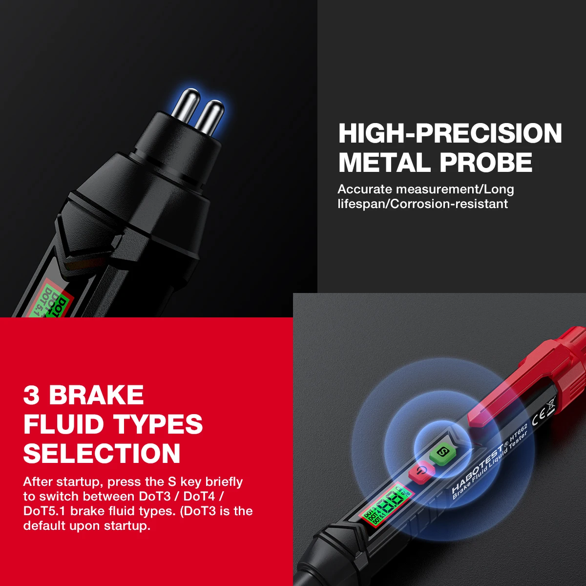 HABOTEST HT662 Car Brake Fluid Moisture Meter Liquid Oil Tester Analyzer Brake fluid tester For DOT3/DOT4/DOT5.1 Brake oil Quality Check Pen