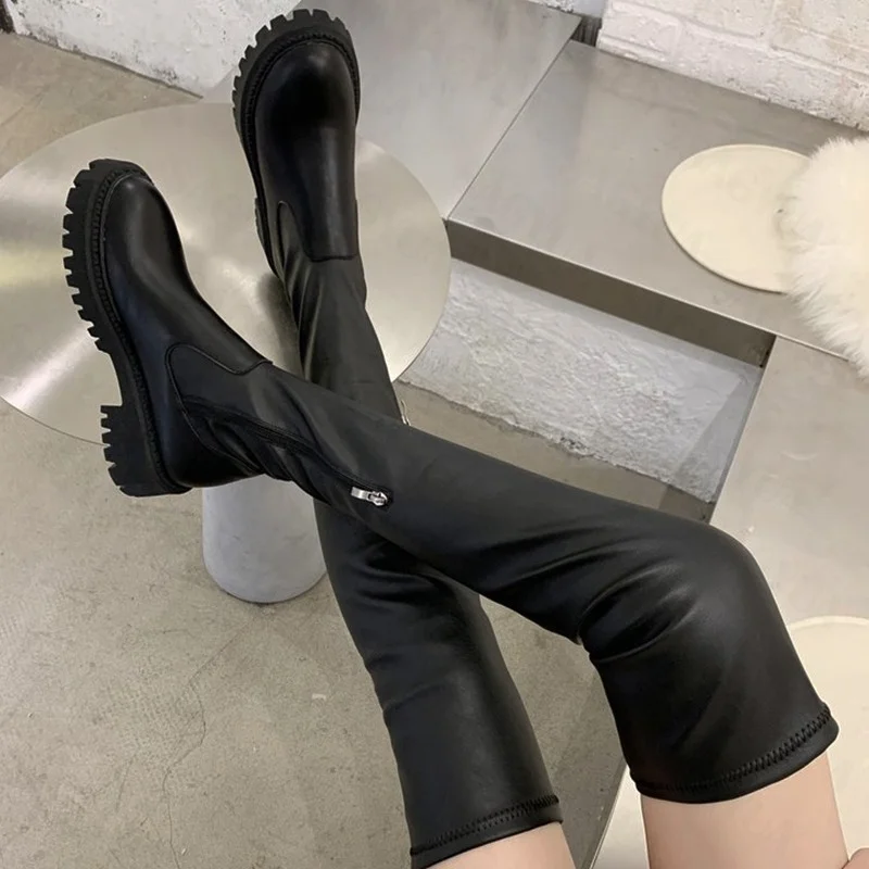 Women Over The Knee High Boots Motorcycle Chelsea Platform Boots Winter Fashion PU Leather Sexy Long Ladies Shoes Big Size women high heel boots