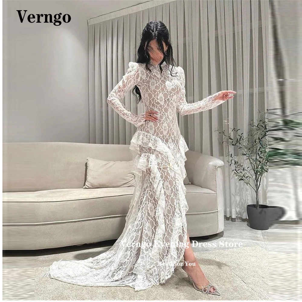 Verngo Vintage High Neck Full Lace Mermaid Prom Evening Dresses Long  Sleeves Ruffles Dubai Arabic Women Formal Occasion Dress Prom Dresses  AliExpress