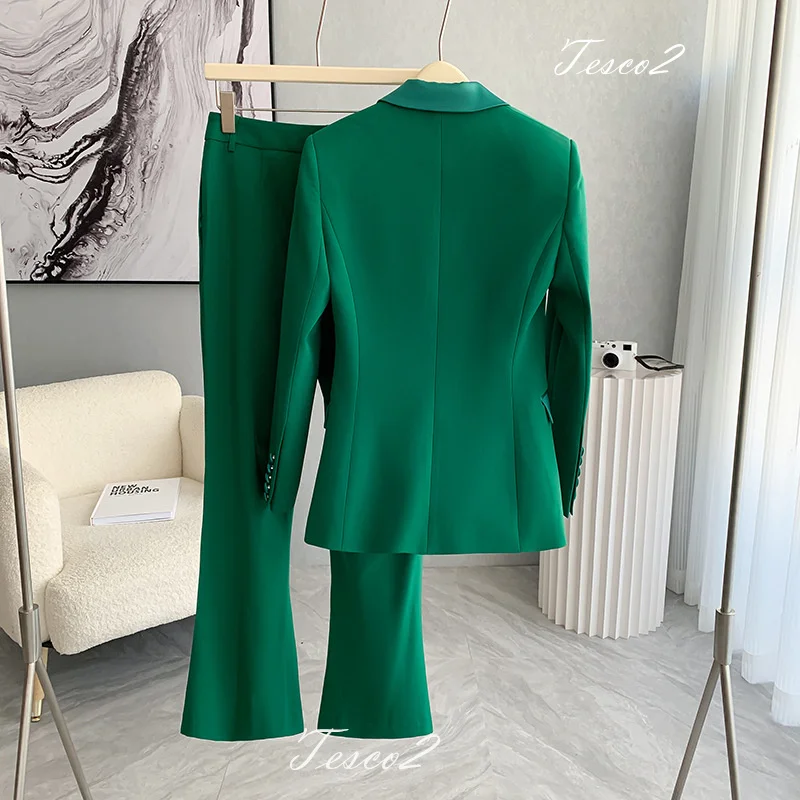 Tesco Fashion Green Women's Suit Patchwork Collar Blazer And Flare Pants Office Slim Pantsuit Casual Female Outfits 2 Piece