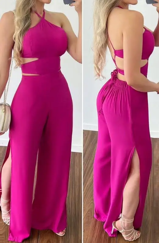 

2024 Summer Woman Long Jumpsuits Elegant Sexy Criss Cross Backless Split Hem Halter Jumpsuit New Fashion Casual One Pieces