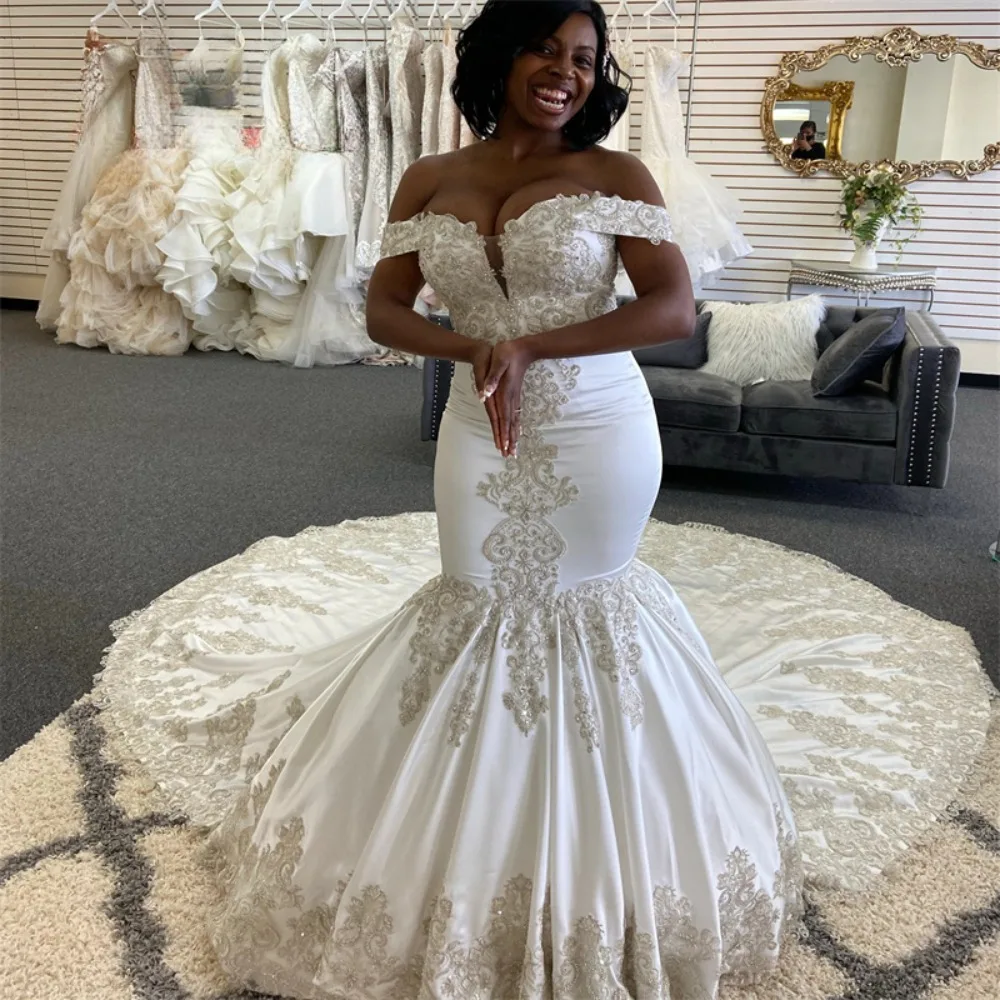 Sexy V Neck African Mermaid Wedding Dresses Off Shoulder Appliques Lace Up Back Bridal Gowns Vestidos De Novia 2024