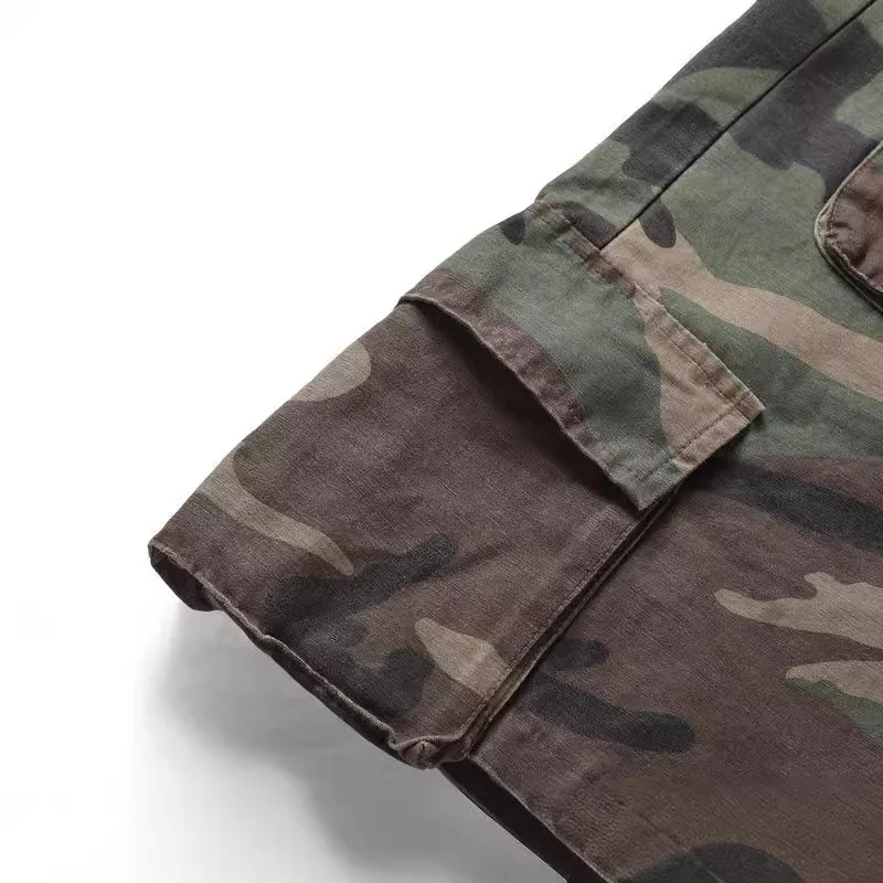 2025 New High Street Trend Drawstring Tie Waist Washed Vintage Casual Camouflage Multi Pocket Cargo Shorts 2