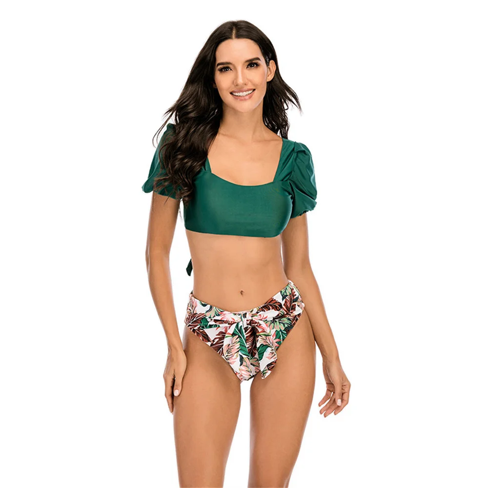 2024 Fashion new sexy holiday beach bubble sleeve bikini line neck swimsuit high waist strap bikini swimsuit