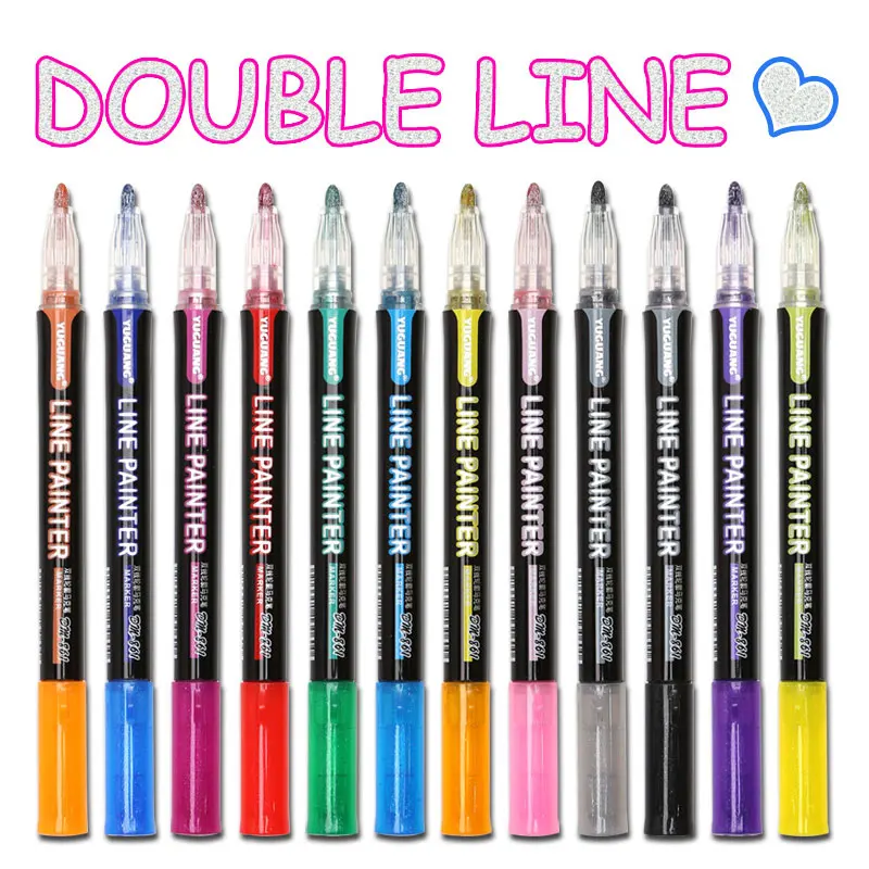 

8Pcs/12Pcs/24Pcs Color Double Line Outline Art Marker Pen Scrapbook Poster Cards Painting Drawing Graffiti Glitter Highlighter