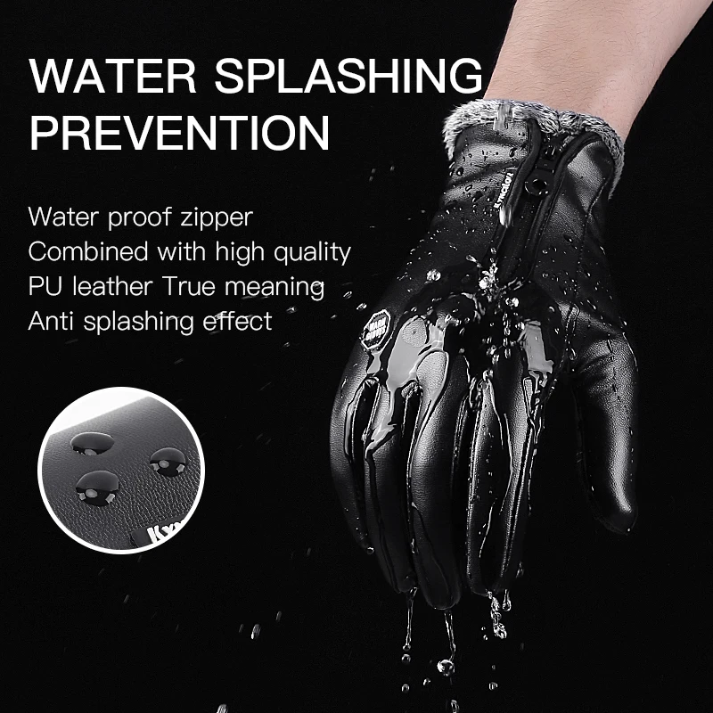 Winter Cycling Gloves PU Warm Windproof Touchscreen Sport Skiing Snowboard Nonslip Zipper Snowmobile Motorbike Gloves Men Black