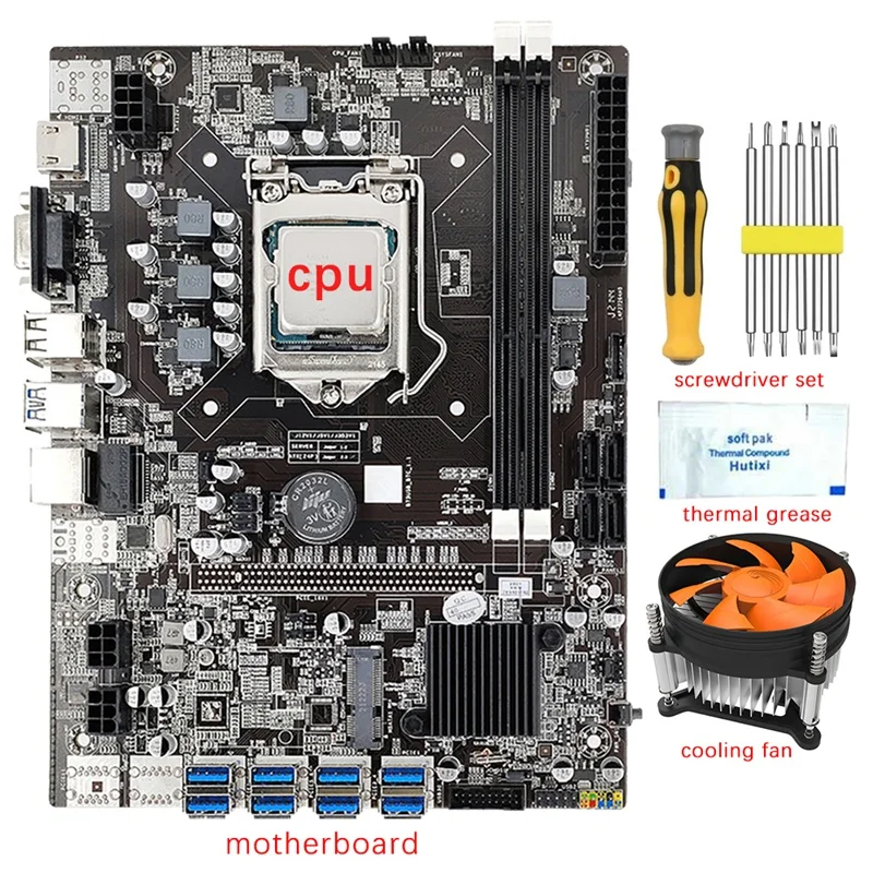 B75 8 Gpu Btc Mining Motherboard+cpu+fan+screwdriver Kit+thermal Grease