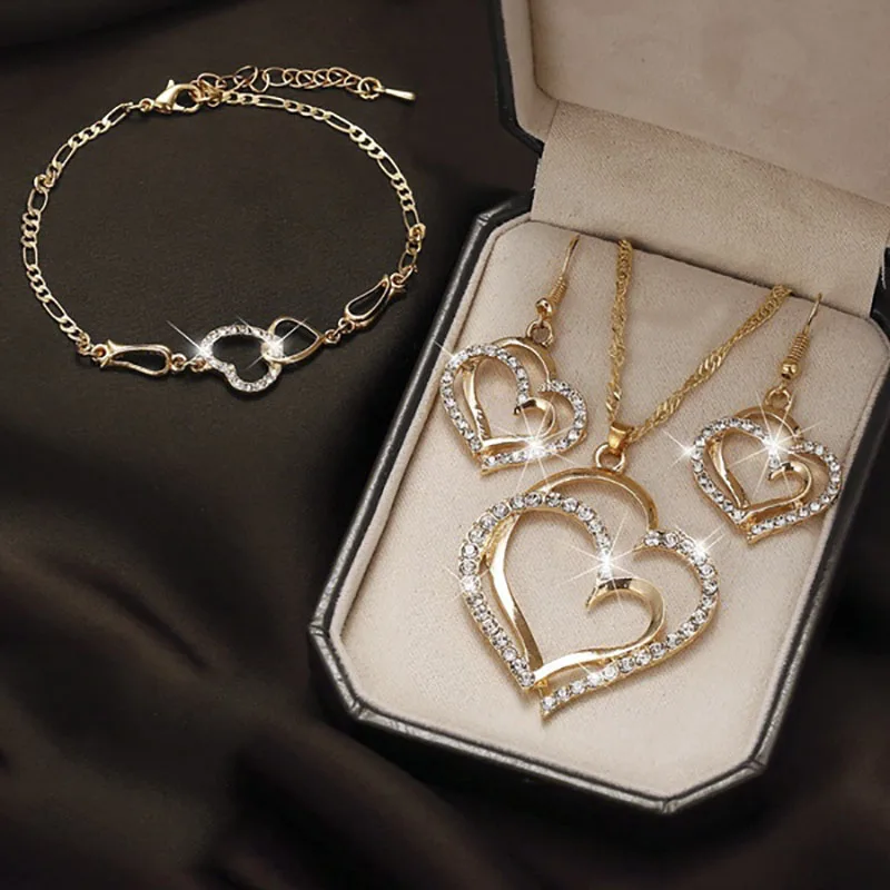 2021 Luxury Simple Big Small Hollow Double Heart-shaped Necklace Exquisite Crystal Zircon Pendant Chain Women's Wedding Jewelry 