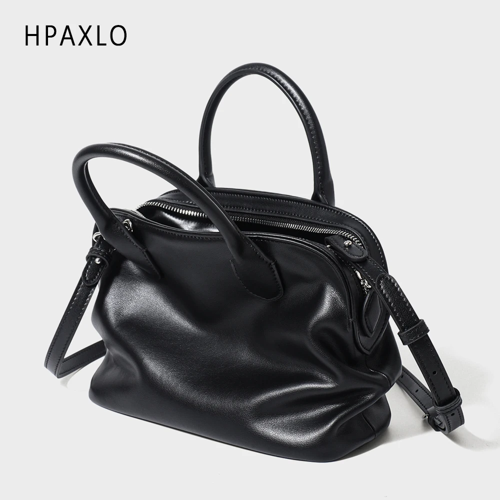 Unique Luxury Bowling Bag Genuine Leather Wrinkled Tote Large Capacity Commuter Crossbody Shell bag Purse Women Fashion Women's