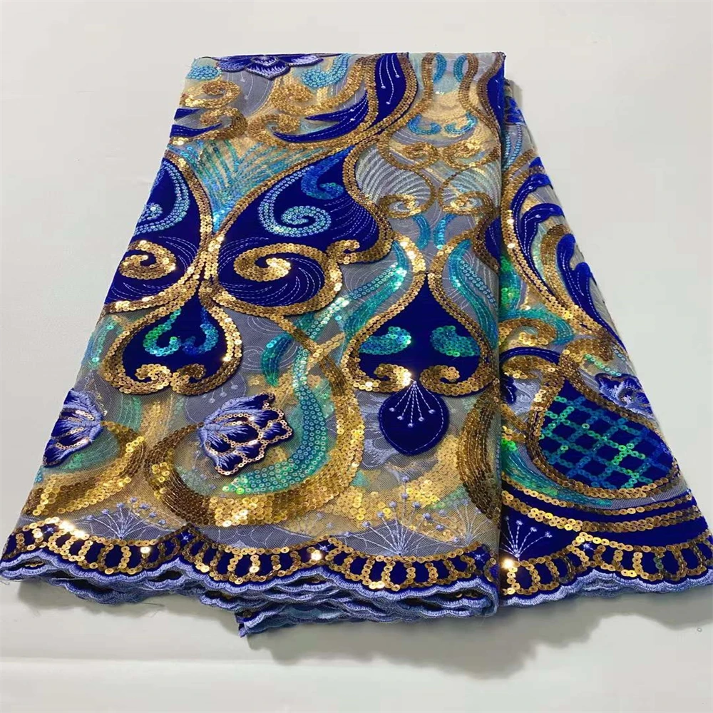 

Latest Velvet lace With Sequins High Quality Classic Elegant African Embroidery Lace Fabric For Wedding Dress XHS205