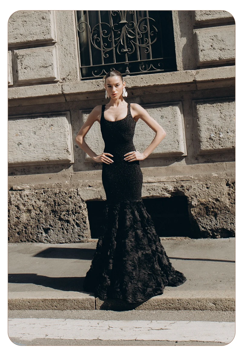 PB Elegantes schwarzes Pailletten-Meerjungfrau-Abendkleid – luxuriöses, ärmelloses Blumen-Formalkleid für Damen, langes Maxi-Abschlussball- und Party-Outfit – Detail 13