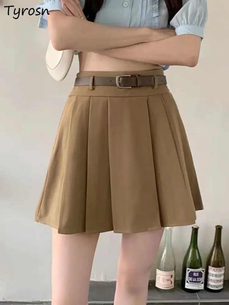 

Skirts Women Folds Retro Design All-match Casual Belt Khaki Summer Daily Fashion Sweet Cozy Preppy Style Ulzzang Students Tender