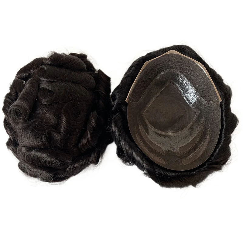 Brazilian Virgin Human Hair Replacement 1# Jet Black Color Swiss Lace Front 4 Eyes Toupee 8x10 Male Unit for White Men