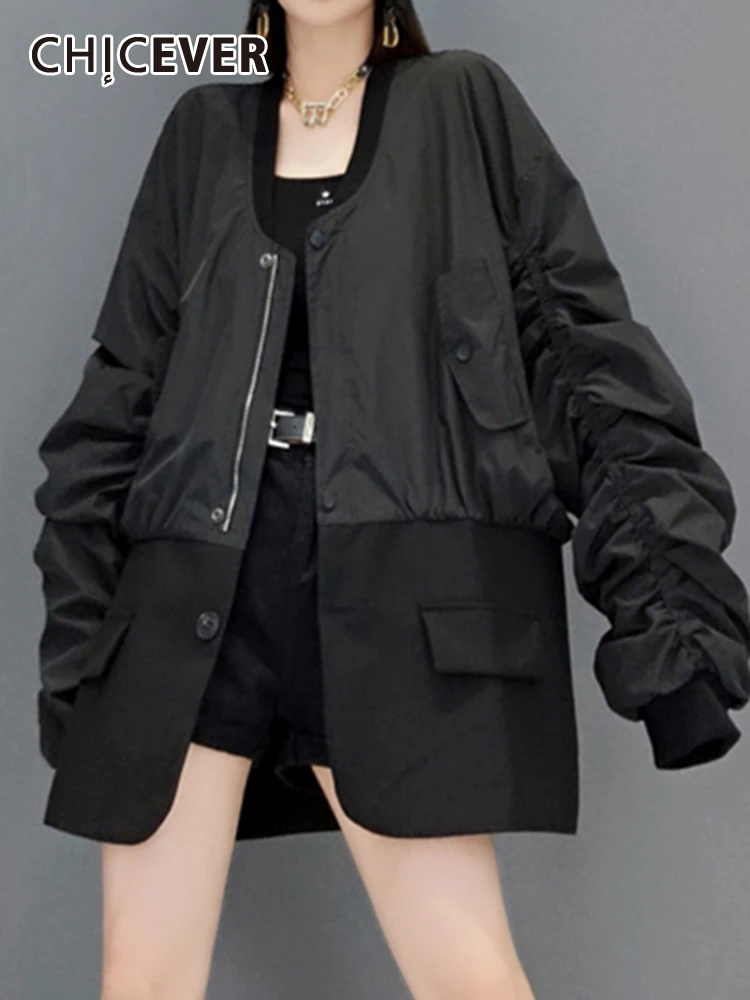 

CHICEVER Korean Minimalist Coat For Women V Neck Long Sleeve Patchwork Zipper Casual Solid Streetwear Autumn Coats Female New
