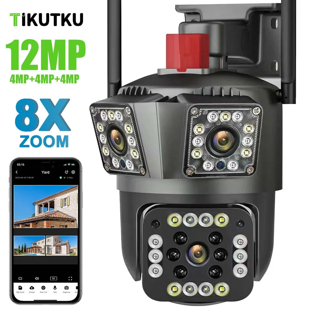 6K 12MP PTZ WiFi Camera Three Lens Security Protection Outdoor Wireless 4K 8MP 8X Zoom IP CCTV Video Surveillance AI Tracking 20mp 10k outdoor wifi camera three screen motion tracking 20x zoom camera ptz 360° view security protection video surveillance