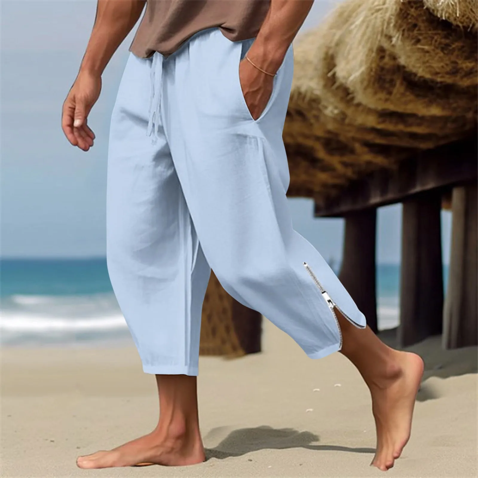 Men'S Linen Pants Summer Beach Pants Drawstring Elastic Waist Zippered Legs Solid Business Casual Trousers Men Little Year