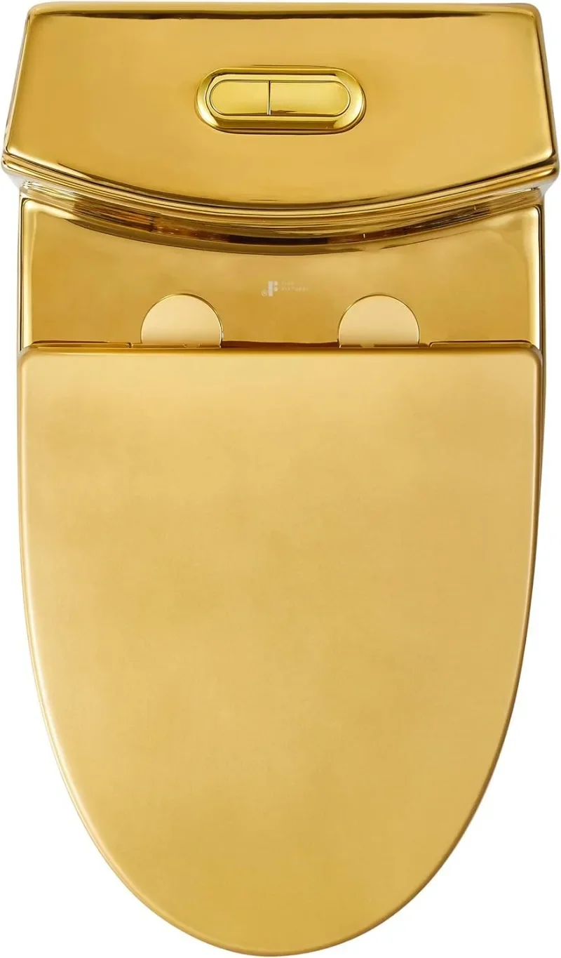 Dual-Flush Elongated One-Piece Toilet with High Efficiency Flush in Shiny Gold The sharply modern forms of the one-piece toilets 3