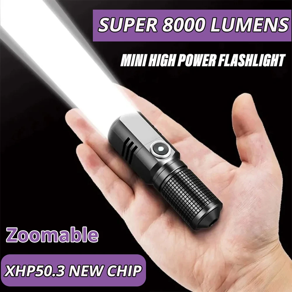 Super Bright EDC XHP50.3 LED Flashlight USB Torch Type-c Rechargeable Zoom Fishing Lantern Powerful 3 Lighting Mode Camping Lamp