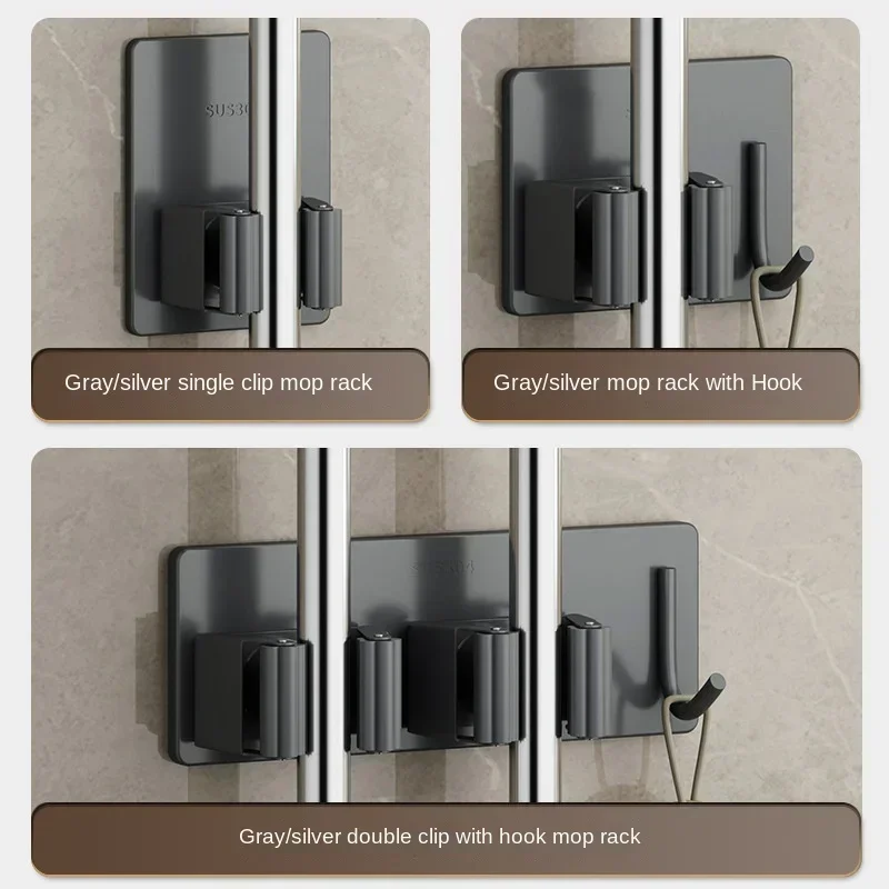 Wall-Mounted Multi-Purpose Hooks Mop Rack Mop Broom Storage Holder Clip Punch-free Bathroom Self-Adhesive Broom Organizer Hook