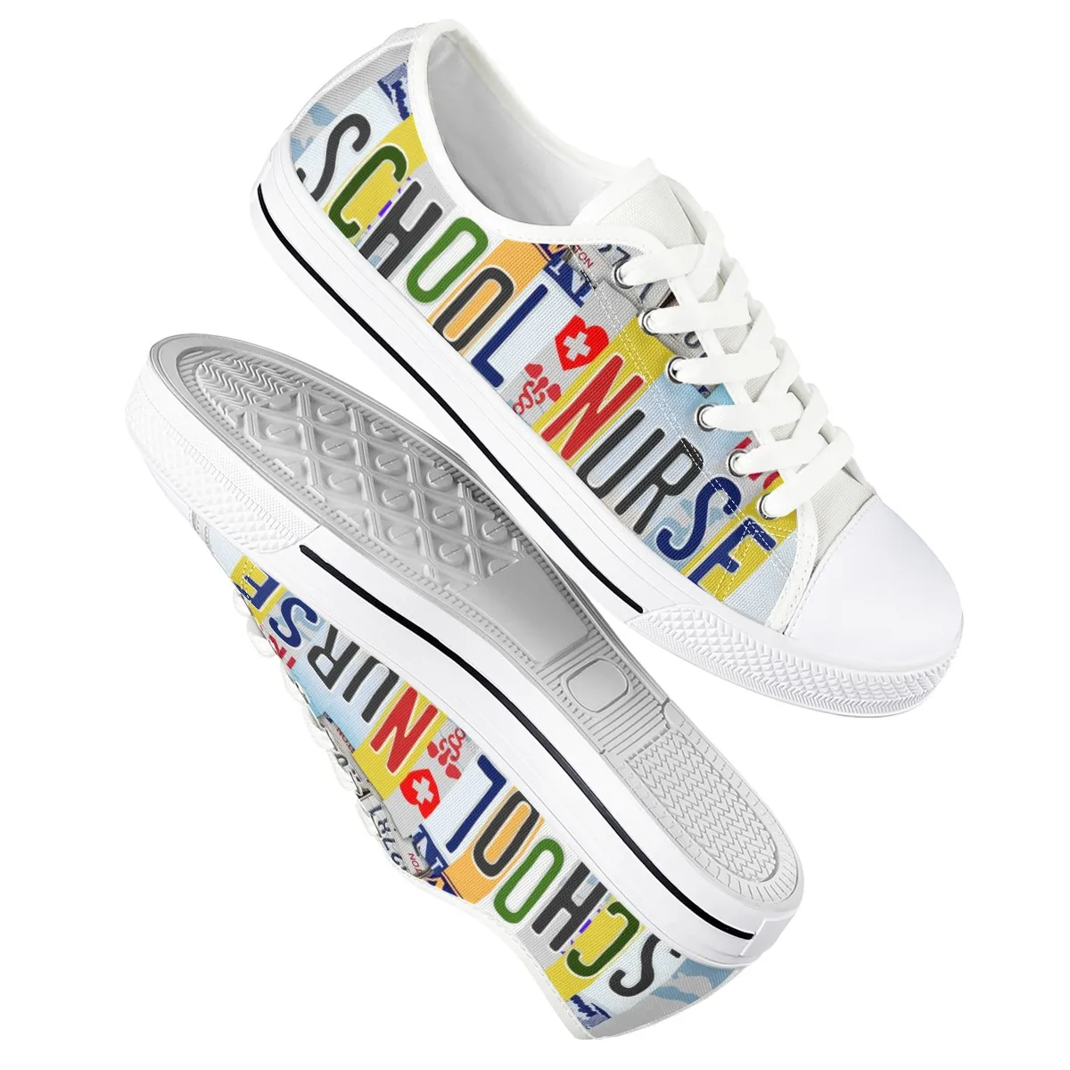 Women's Fashion Vulcanize Shoes New Retro License Plate School Nurse Canvas Shoes Flat Fashion Comfortable High Shoes