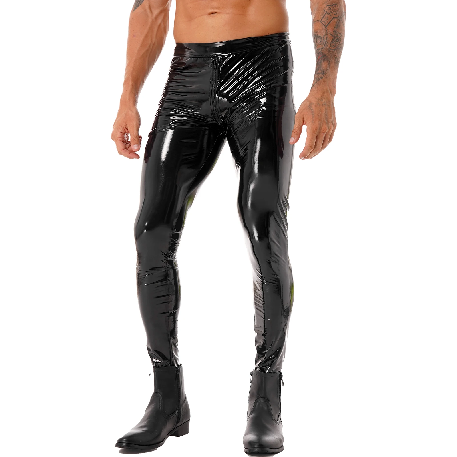 Mens Male Leggings Motorcycling Party Tights Pants Patent Leather Motobiker Skinny Pants Two-way Zipper Crotch Trousers Clubwear 5