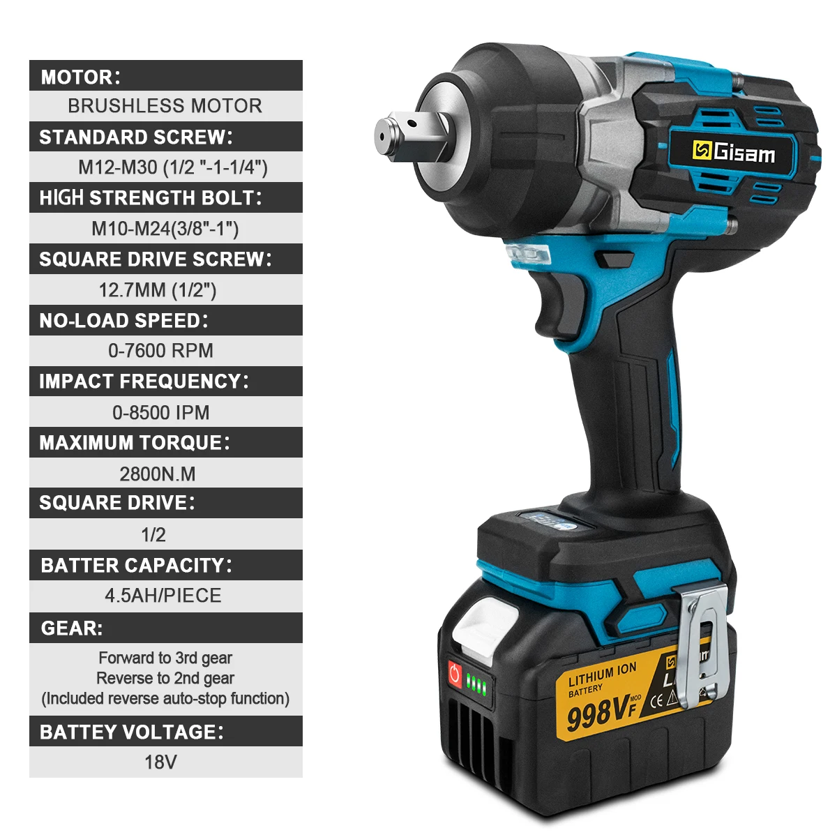 Gisam 2800N.M Torque Brushless Electric Impact Wrench 1/2 inch Screwdriver Cordless Wrench Power Tools For Makita 18V Battery 5