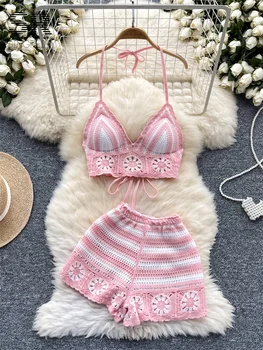 SINGREINY Beach Vacation Knit 2pcs Suits Women Halter Sleeveless Lace Up Camis+Elastic Waist Shorts Hook Flower Hollow 2pcs Set 1
