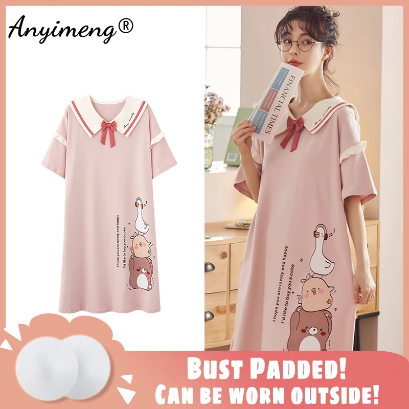 

Night Gown Summer Plus Size Camisoles Cotton Home Dressing Gown Lingerie Lapel Nightgown Pink Cartoon Printing Big Size 3xl-5xl