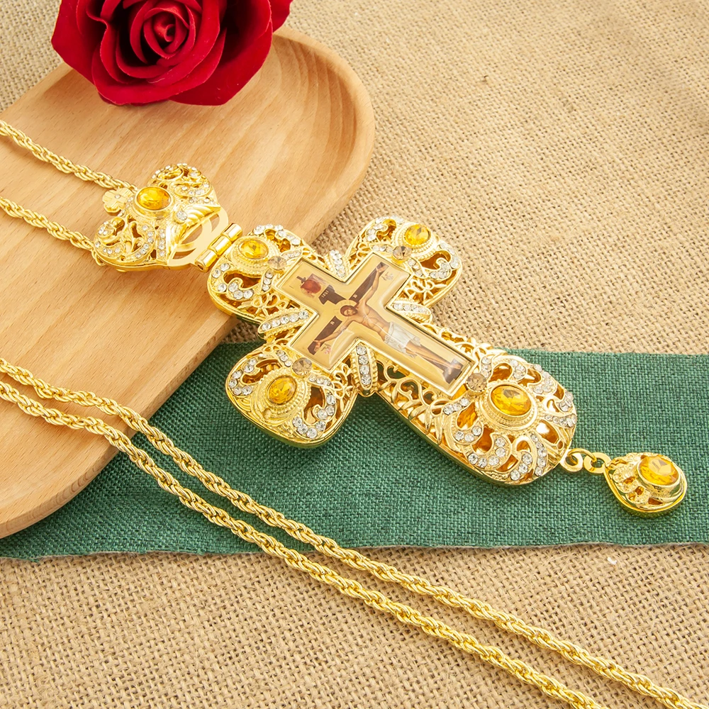 Pectoral Cross Necklace Christ Pendant Jesus Crucifix Sculpture Gold Cross Necklace Orthodox Cross Pendant For Priest Churche Wedding Funeral