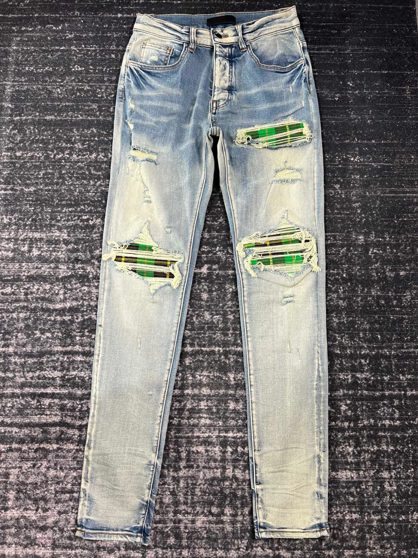 

Tide Washed Blue Hole Made Old Patchwork Green Plaid Slim Fit Feet Jeans Men's High Street