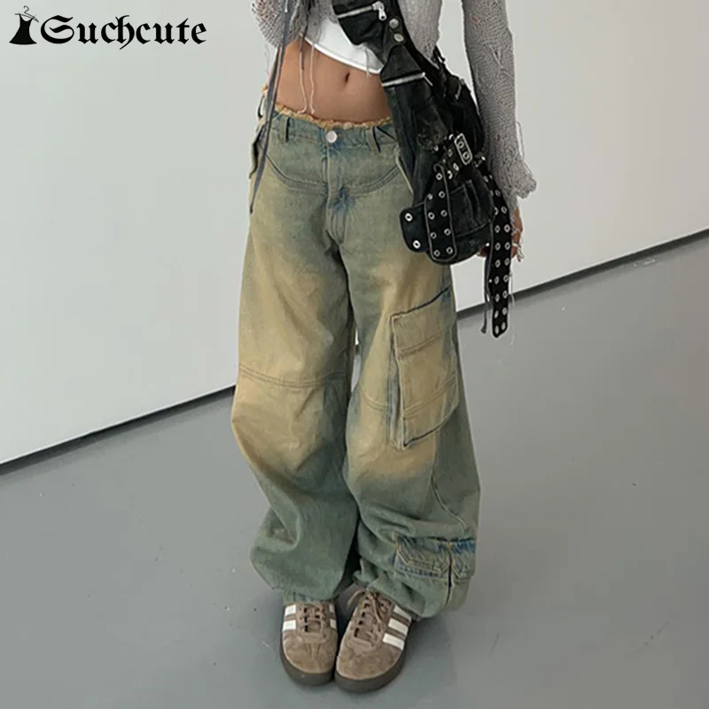 SUCHCUTE Distressed Vintage Women Baggy Jeans Y2K High Waist Asymmetrical  Pockets Raw Edge Streetwear Summer Denim Cargo Pants - AliExpress