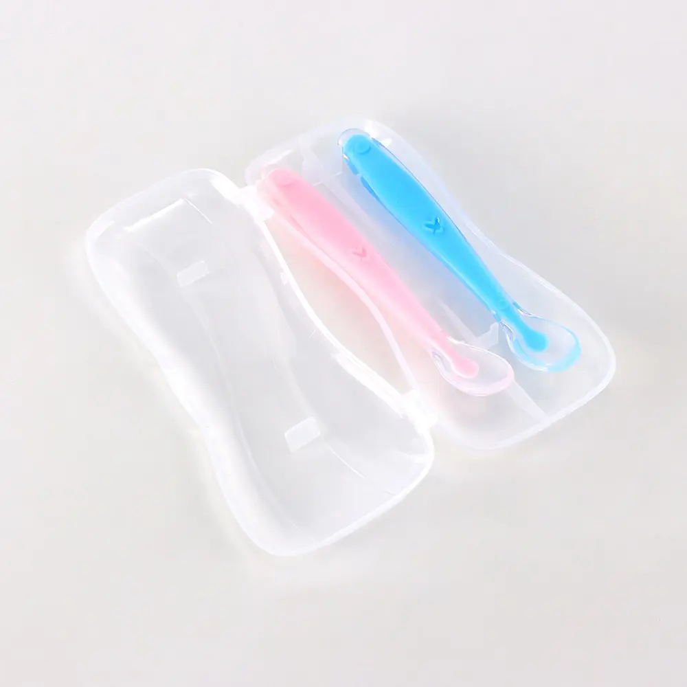 Baby Feeding Spoons 2PCS Set - Soft Silicone & PP Plastic Head - Safe for 6-24M+ Pink Blue Spoons Gift Box
