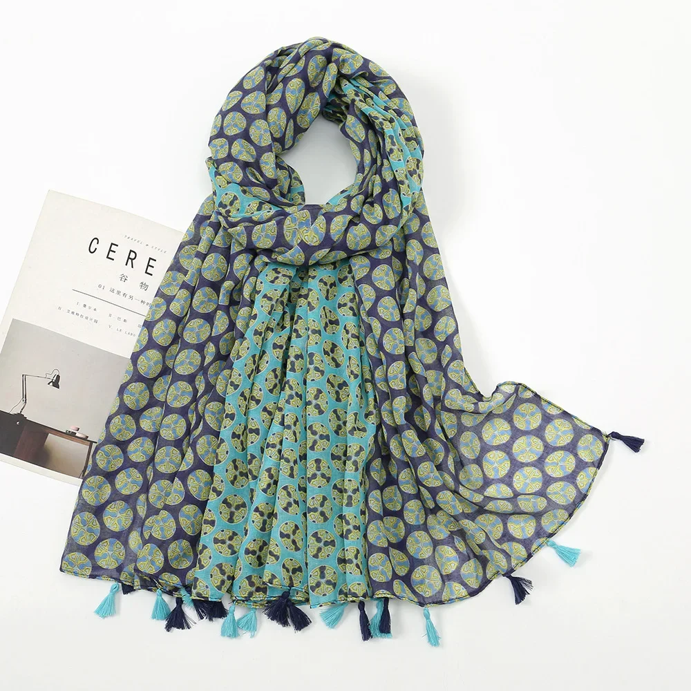 Retro Voile New Tassel Printed Geometric Long Scarf for Women Elegant Fashion Sun Protection Shawl Scarves Christmas Gift