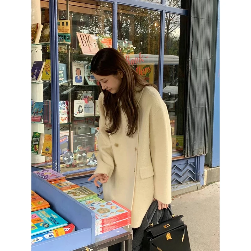  Korean Drama Lead Role Feel Double Breasted Woolen Coat Women's Long Sve Turn-down Collar Mid-length Commute Sle