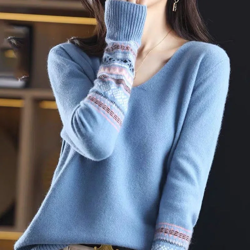 Autumn Winter Fashion All-match Long Sleeve Patchwork Sweaters Women's Clothing Korean Temperament Lady V-Neck Knitted Pullovers