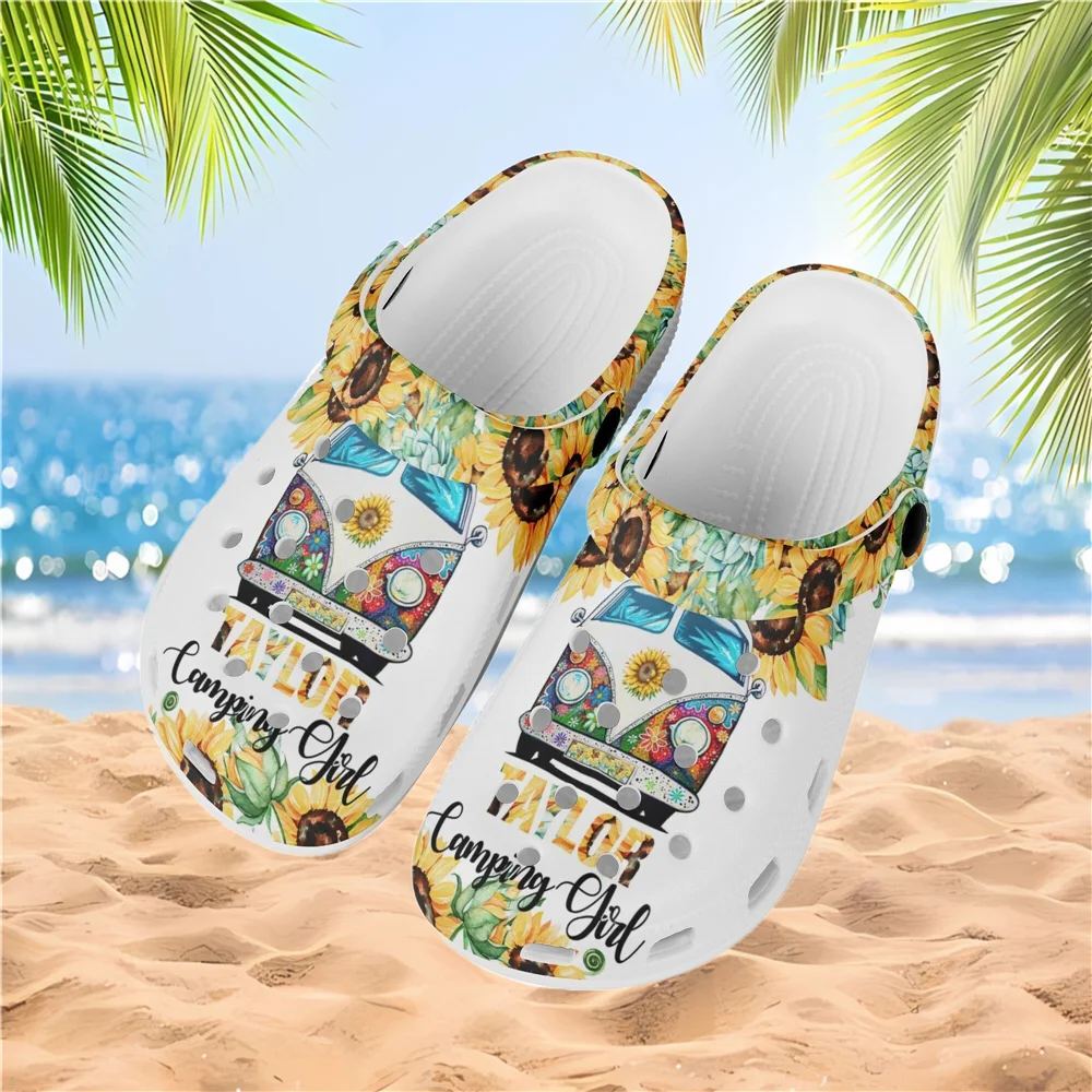 

2023 Hollow Out Hole Slipeprs Sunflower Peace and Love Bus Printed Women Lightweight Cushion Sandals Comfort Loafers Zapatillas