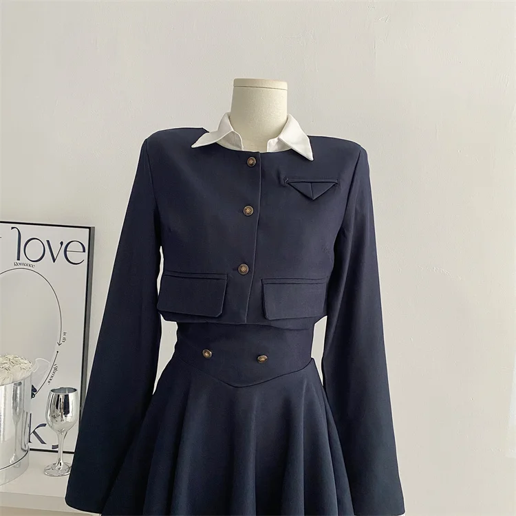 Y2K 3 Piece Set Women Cropped Coat + Long Sleeve Shirt + High Waist Halter Ruffles Mini Dress Korean Chic Fashion Sexy Outfits