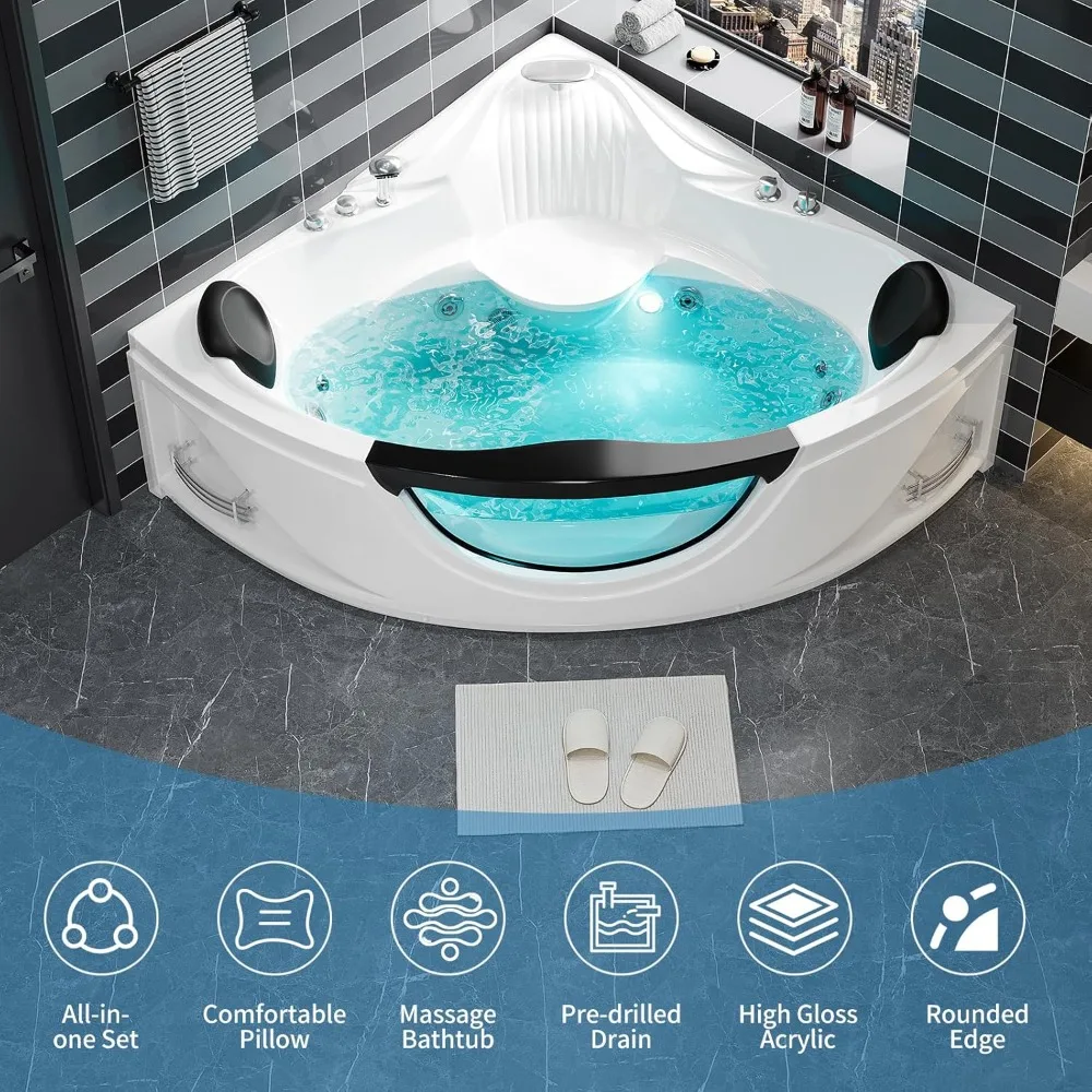 Acrylic Whirlpool Bathtub - Fan Shaped Corner Back to Wall Freestanding Whirlpool Tub, Therapy Hydro-Massage Soaking Tub with 2