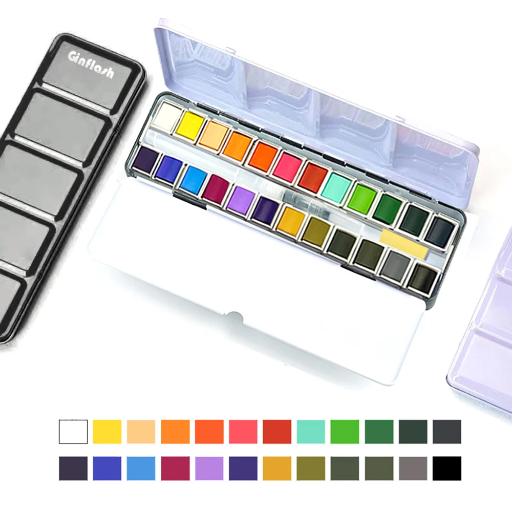 Ginflash 24/48colors Solid Pigment Watercolor Paints Set Water Color Portable Brush Pen Sponge Painting Art Supplies Half Pan