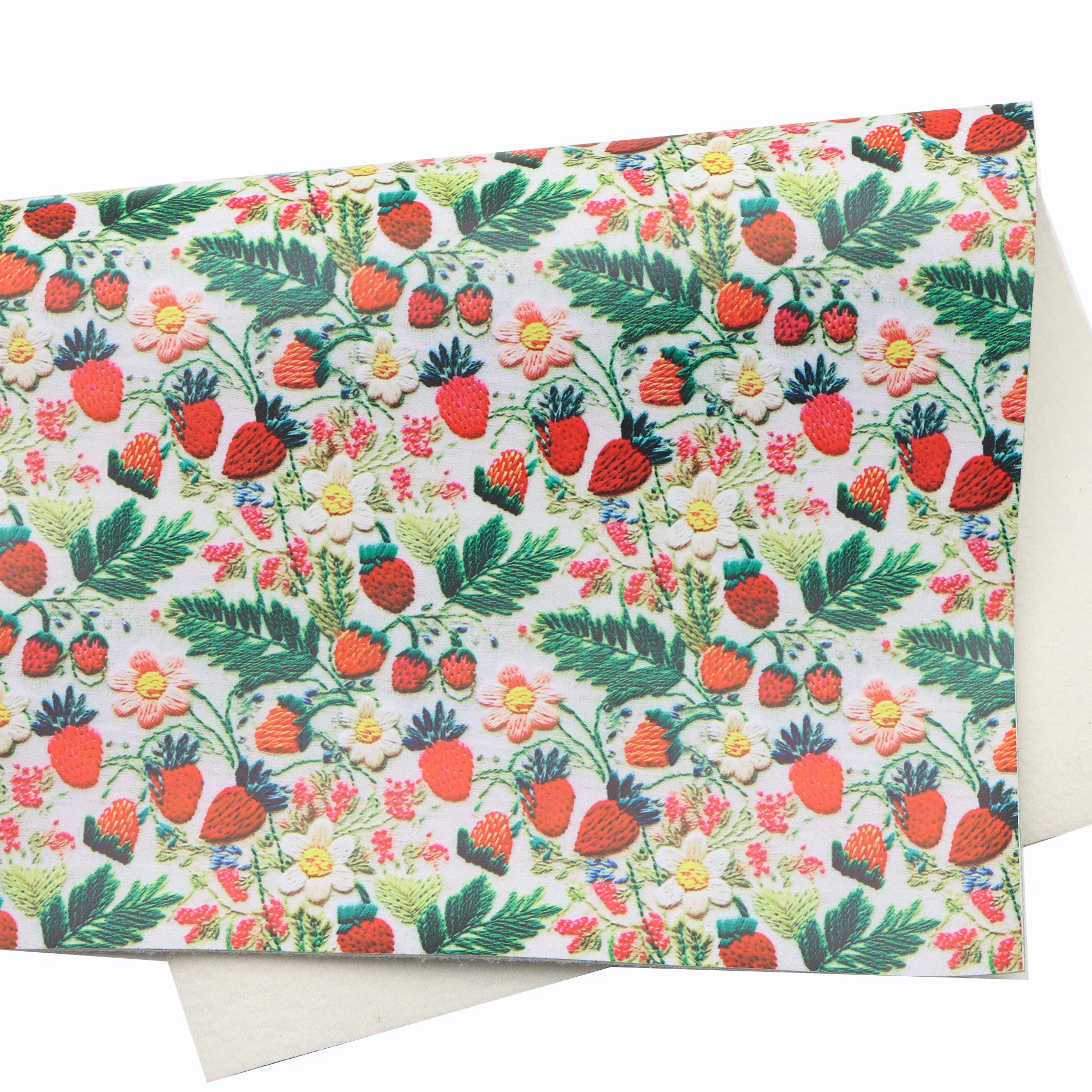 Imitation Embroidery 3D Effect Faux Leather Sheets Strawberry Bicycle Flower Printed Synthetic Leather for DIY 1Pc 20x33cm