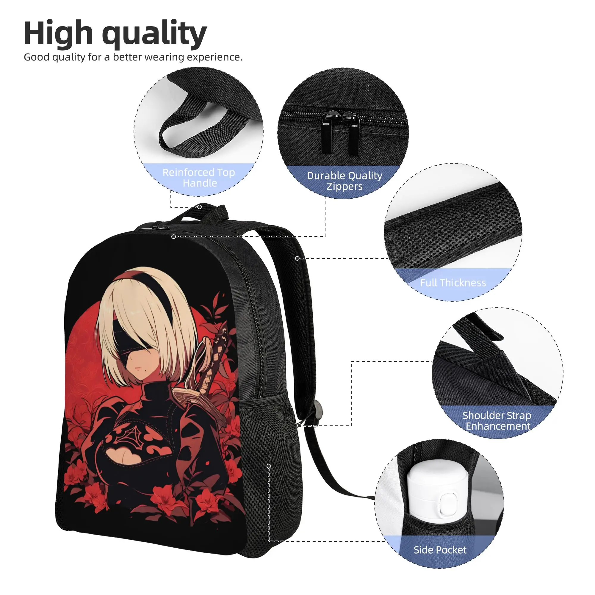 NieRs Anime Teenage Backpack 야외 학생 비즈니스 데이팩 남성용 여성용 노트북 숄더백