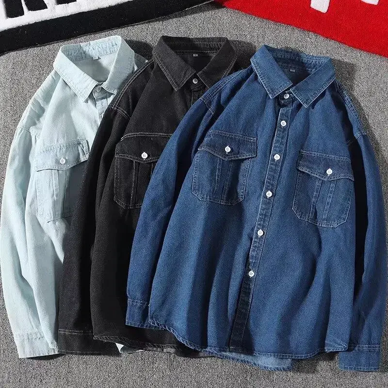 American Style Unisex Long Sleeve Denim Shirt Soft Wash Distressed Double Pocket Vintage