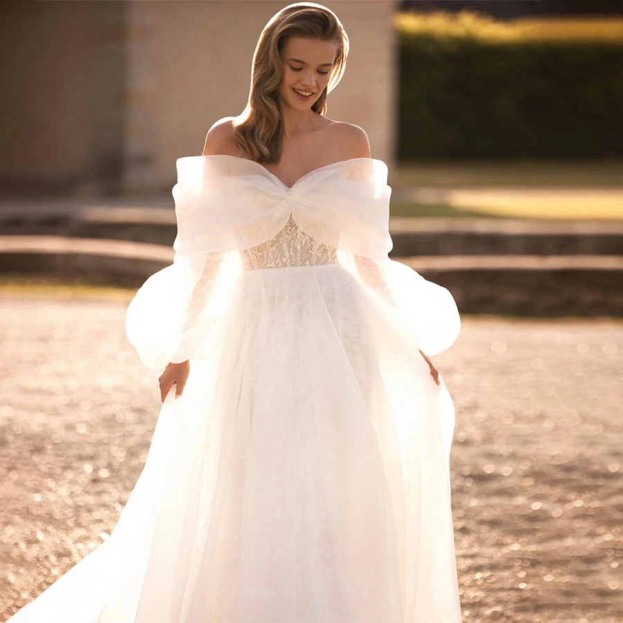 

Женское свадебное платье с большим капюшоном, ТРАПЕЦИЕВИДНОЕ блестящее платье с рукавом пуфф и открытой спиной, 3/4