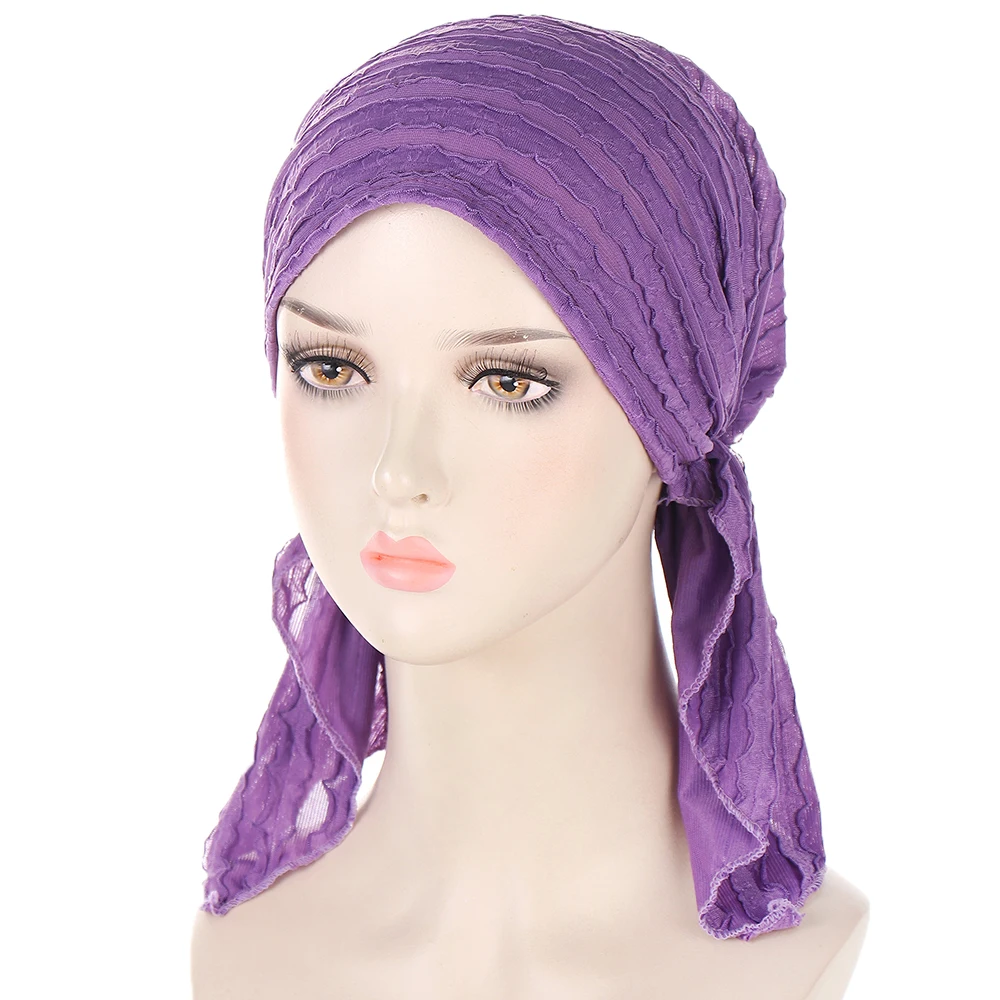 

New Women fashion All-match Muslim Turban Pleated Dupatta Caps Hijab Headwrap Headgear Lady Solid Head Wrap Headscarf