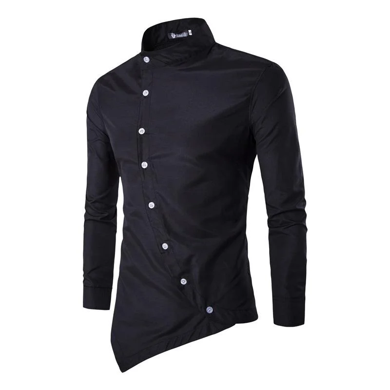 Mens Diagonal Placket Pocket Dress Shirt Slim Fit Fashion Long Sleeved Casual Shirt