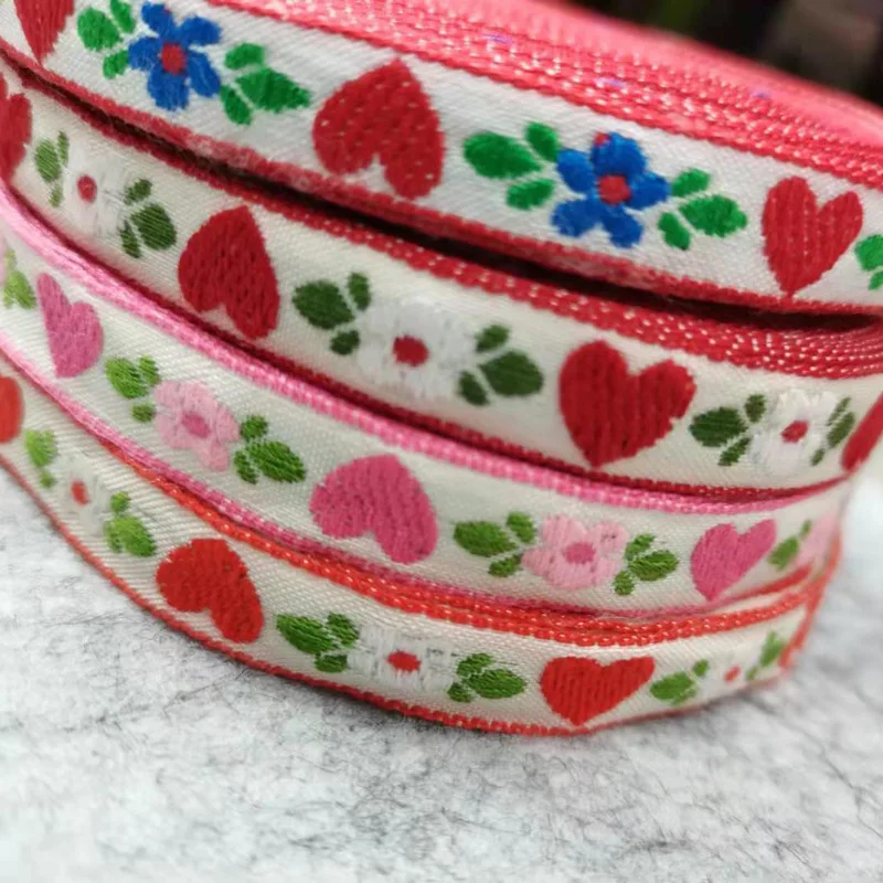 자수 자카드 레이스 리본, 전국 하트 모양 리본, DIY 목가적인 리본, 섬유 의류 액세서리, 너비 1.2cm, 20 야드